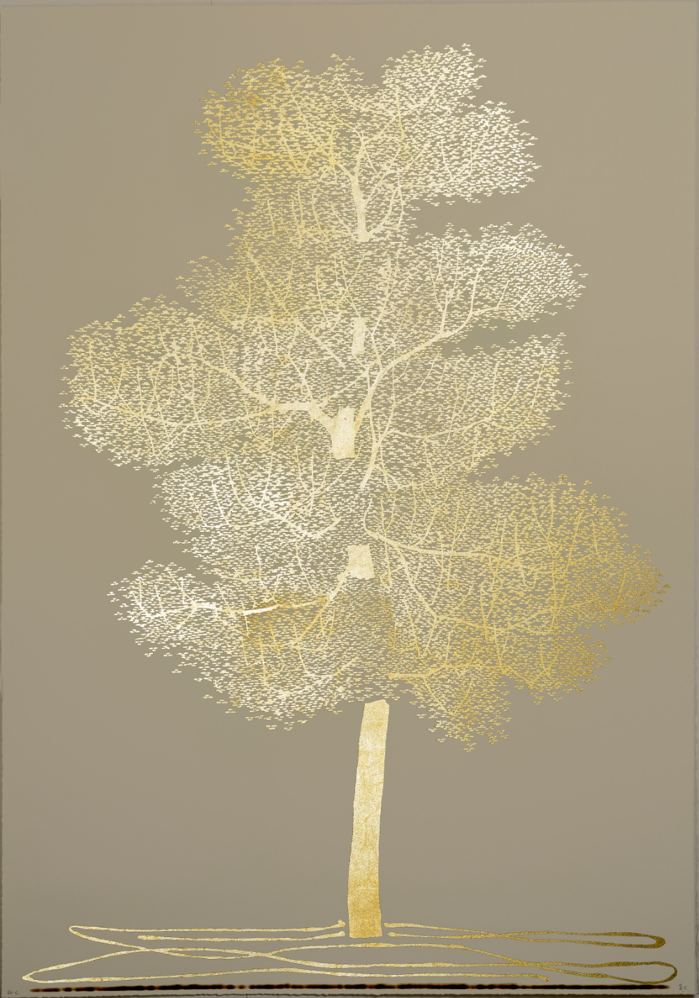 The Midas Trees 5, 100 x 70 cm, Lithograph with 24ct goldleaf and fire, 2022